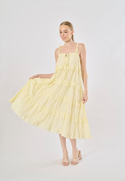 Arzhel Pastel Yellow Shoulder Strap Patchwork Design Midi Dress