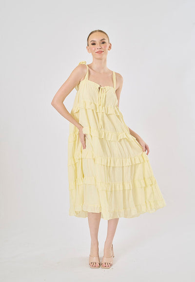 Arzhel Pastel Yellow Shoulder Strap Patchwork Design Midi Dress