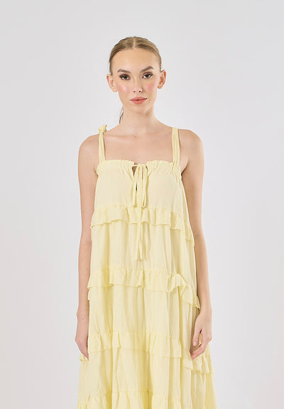 Arzhel Pastel Yellow Shoulder Strap Patchwork Design Midi Dress