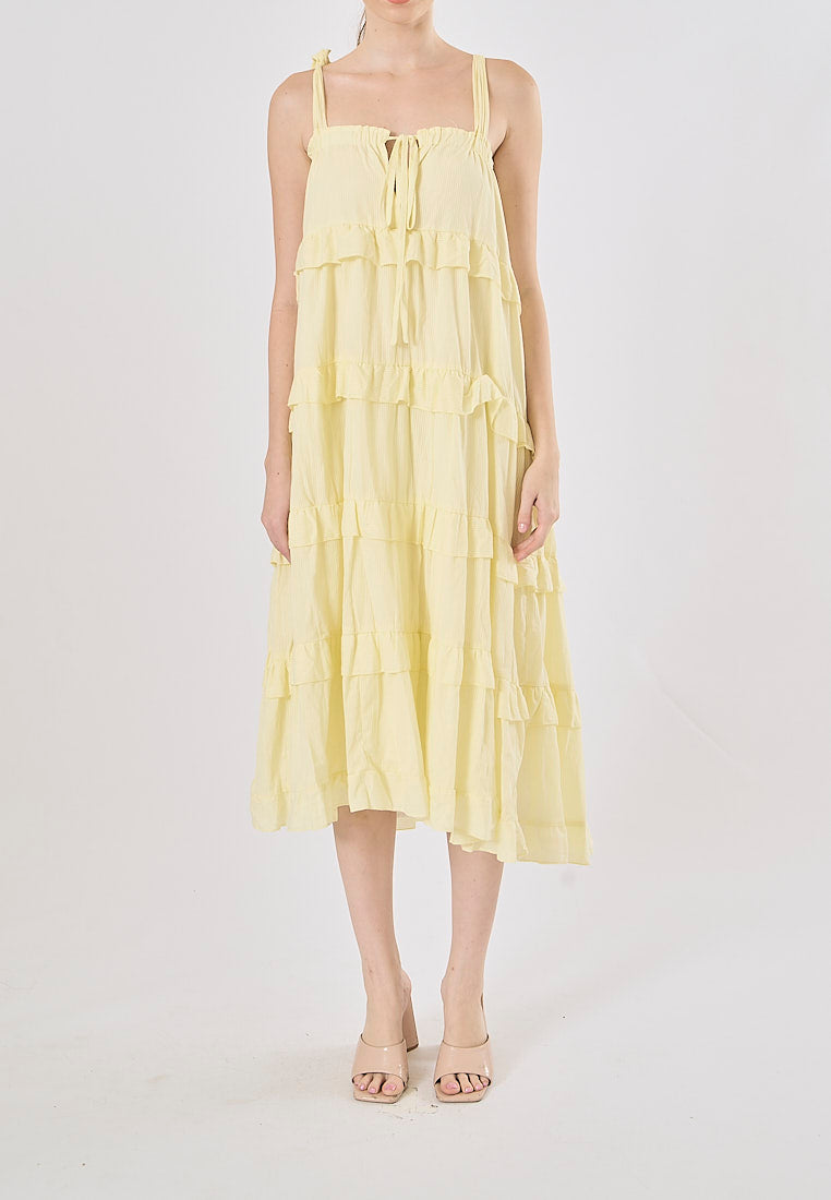 Arzhel Pastel Yellow Shoulder Strap Patchwork Design Midi Dress