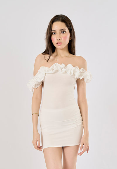 Rhtyhm White Ruffled Straps Cut-Out Edges Mini Dress