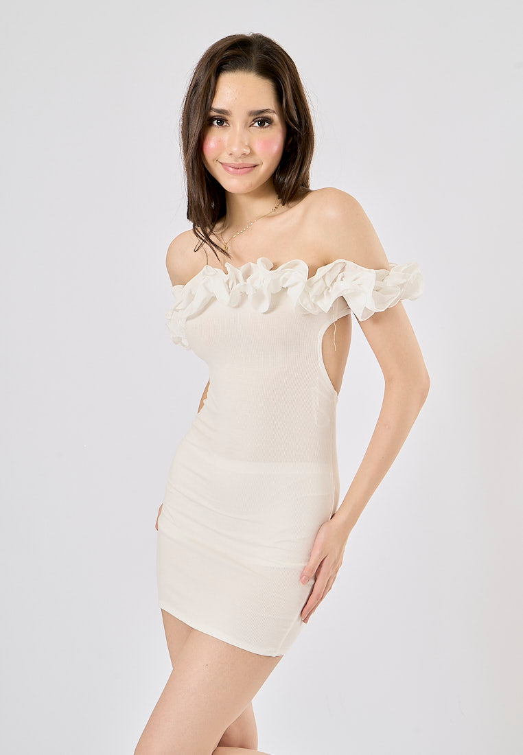 Rhtyhm White Ruffled Straps Cut-Out Edges Mini Dress