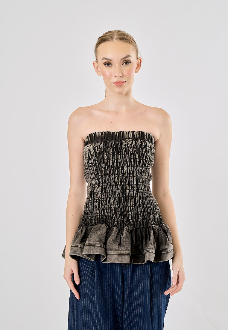 Smith Acid Black Smocked Denim Pleated Tube Top