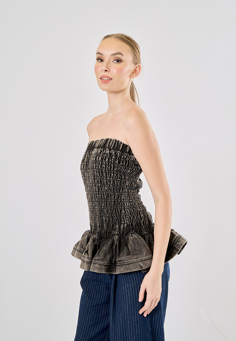 Smith Acid Black Smocked Denim Pleated Tube Top