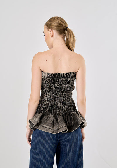 Smith Acid Black Smocked Denim Pleated Tube Top