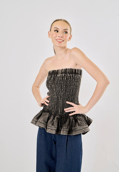 Smith Acid Black Smocked Denim Pleated Tube Top