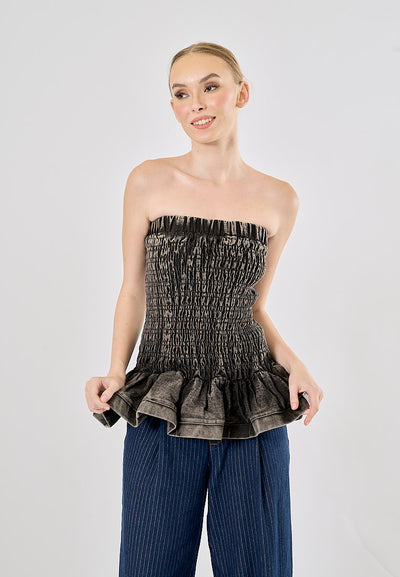 Smith Acid Black Smocked Denim Pleated Tube Top