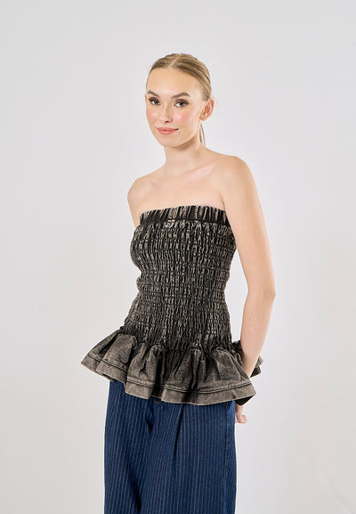 Smith Acid Black Smocked Denim Pleated Tube Top