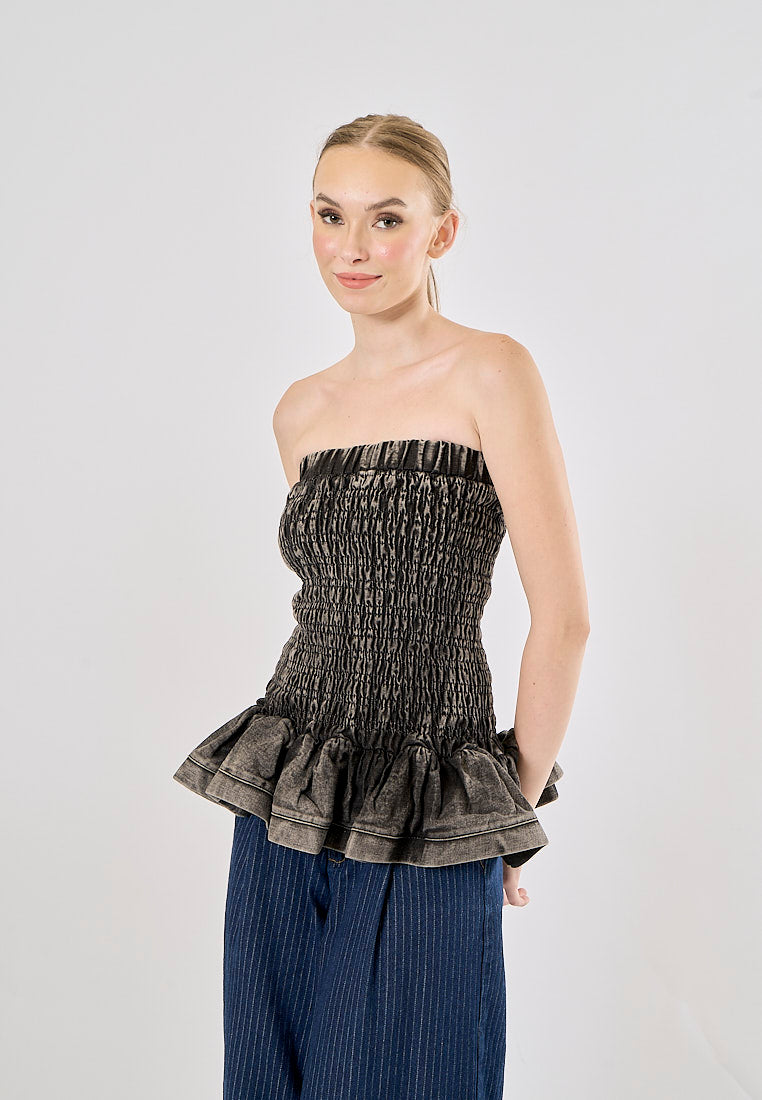 Smith Acid Black Smocked Denim Pleated Tube Top