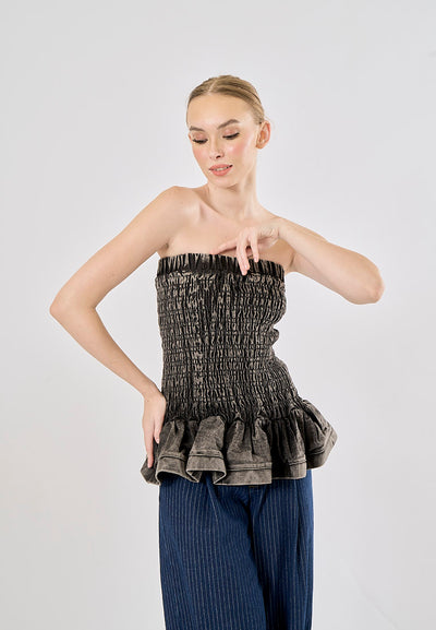 Smith Acid Black Smocked Denim Pleated Tube Top