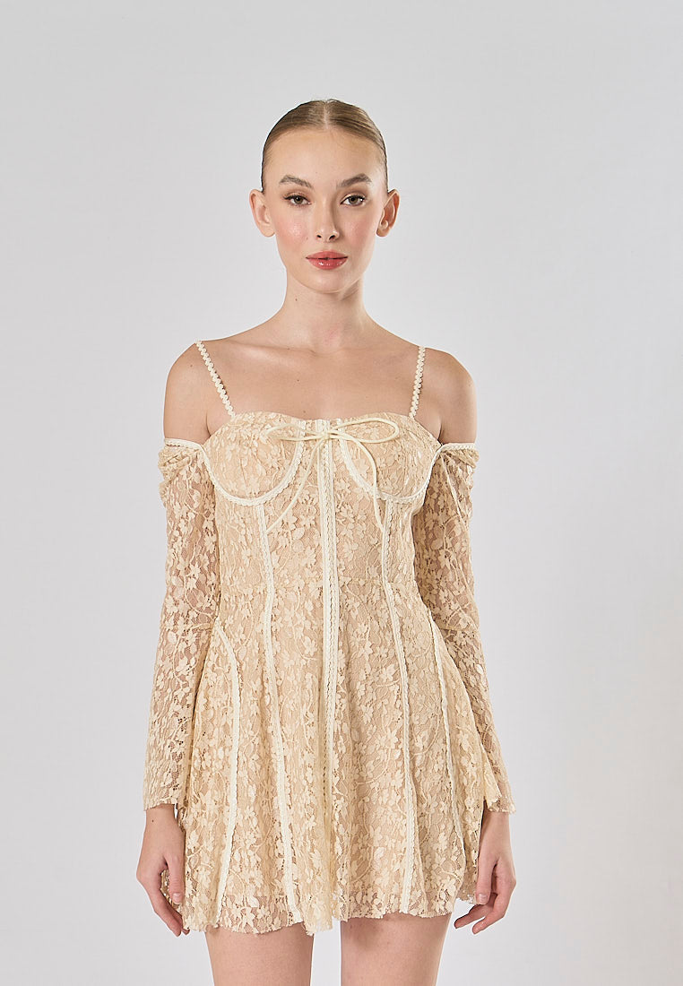 Larra Nude Pure Desire Lace Long Sleeve Mini Dress