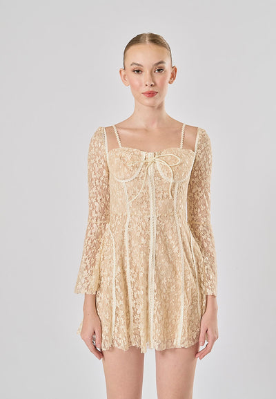 Larra Nude Pure Desire Lace Long Sleeve Mini Dress