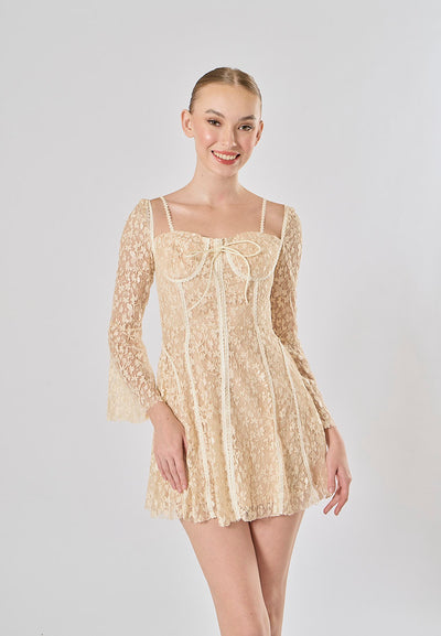 Larra Nude Pure Desire Lace Long Sleeve Mini Dress