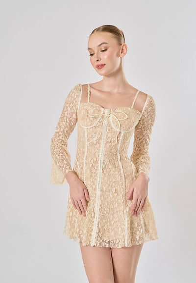 Larra Nude Pure Desire Lace Long Sleeve Mini Dress