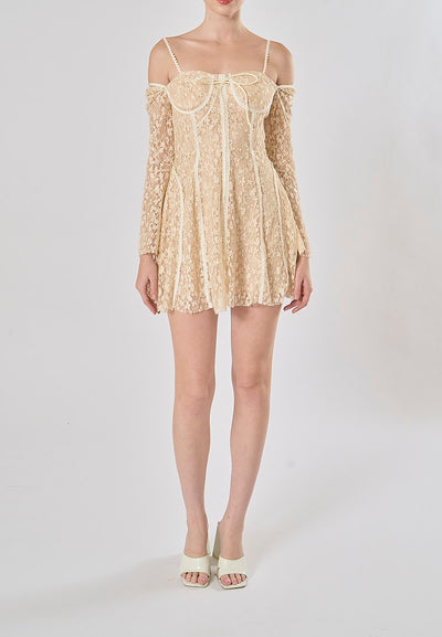 Larra Nude Pure Desire Lace Long Sleeve Mini Dress