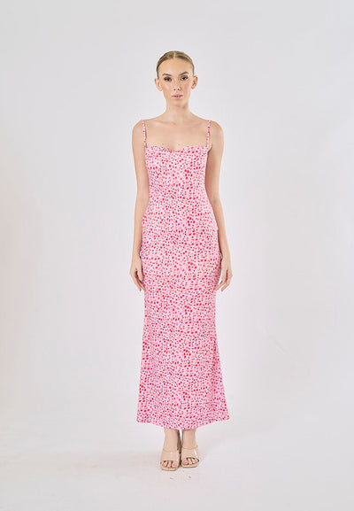 Verbena Pink Floral Print Back Hollow Maxi Dress