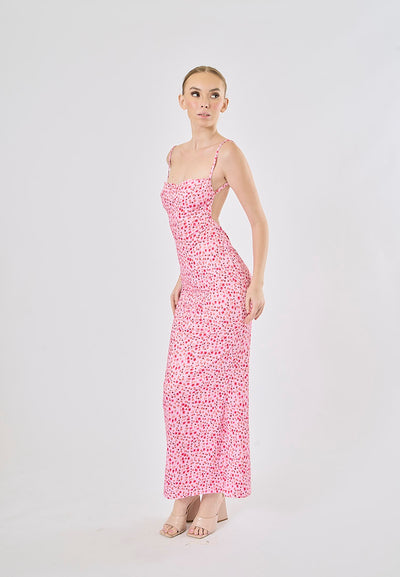 Verbena Pink Floral Print Back Hollow Maxi Dress