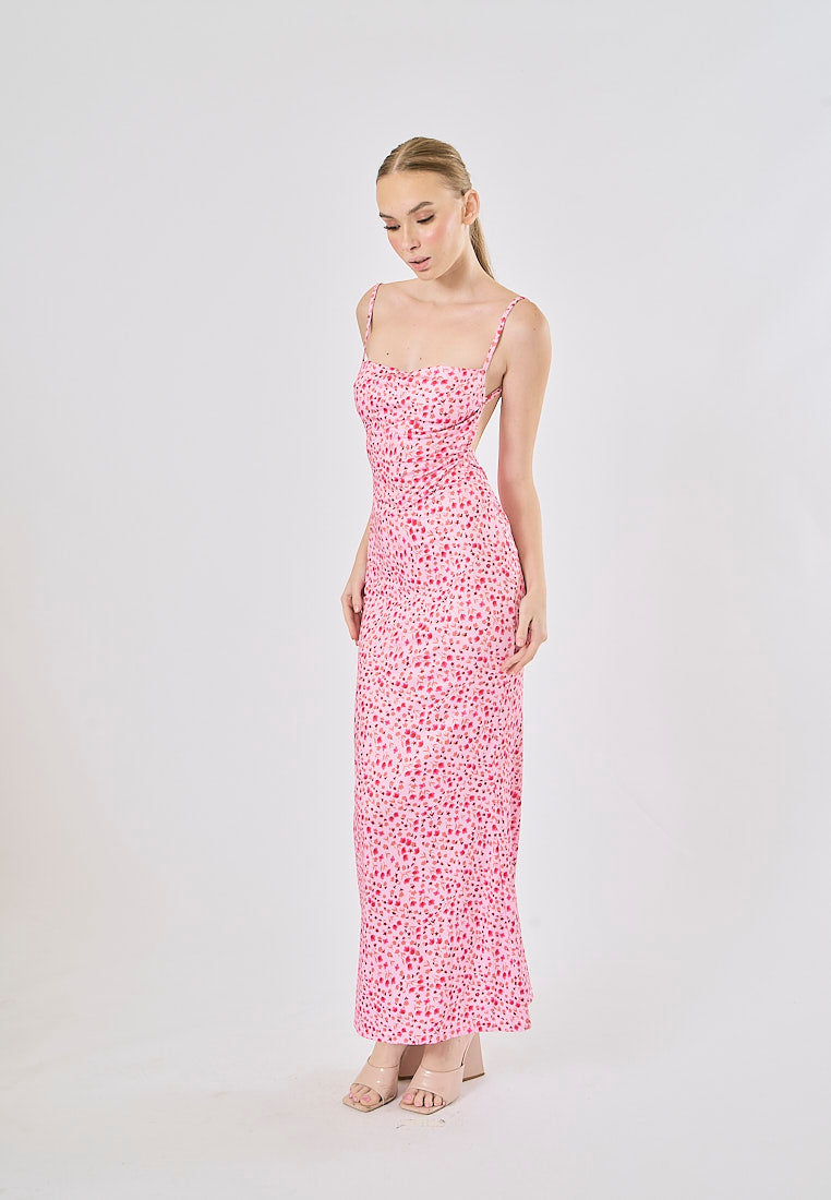 Verbena Pink Floral Print Back Hollow Maxi Dress