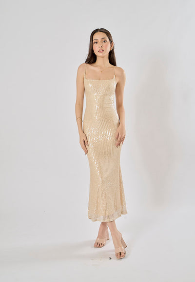 Valentia Champagne Sequin Bodycon Midi Dress