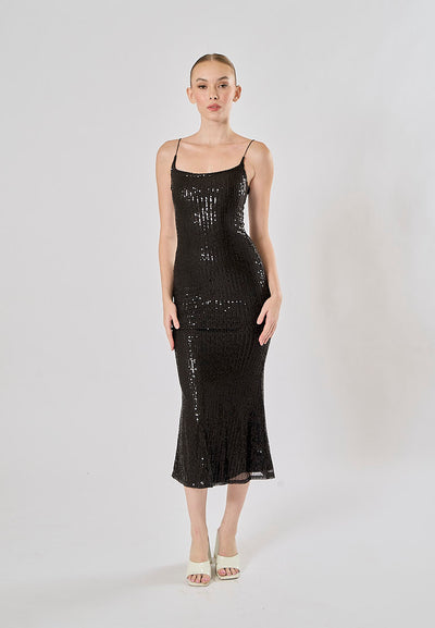 Valentia Black Sequin Bodycon Midi Dress