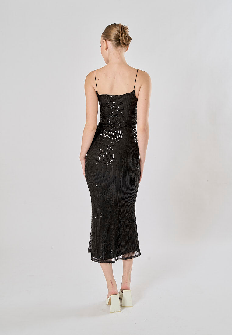 Valentia Black Sequin Bodycon Midi Dress