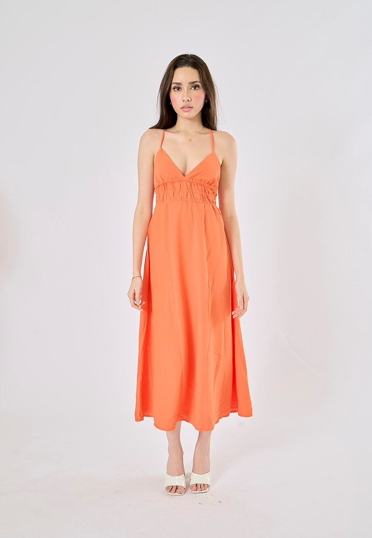 Yankee Sunkiss Orange V-Neck Back Hollow Out Midi Dress