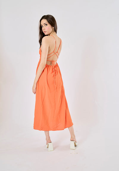 Yankee Sunkiss Orange V-Neck Back Hollow Out Midi Dress