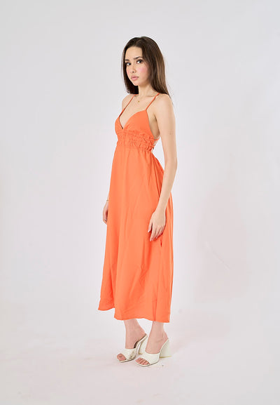 Yankee Sunkiss Orange V-Neck Back Hollow Out Midi Dress