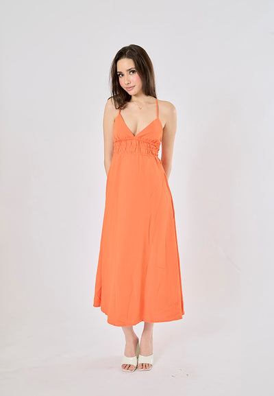 Yankee Sunkiss Orange V-Neck Back Hollow Out Midi Dress