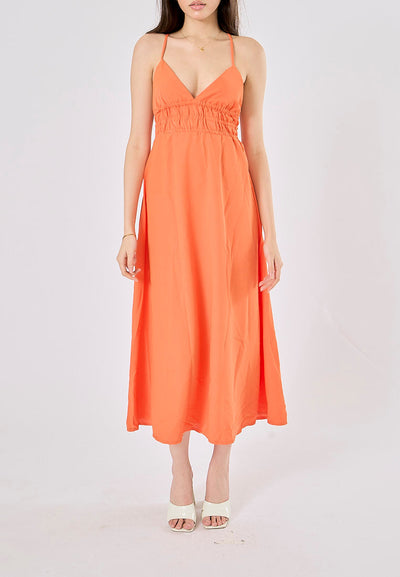 Yankee Sunkiss Orange V-Neck Back Hollow Out Midi Dress