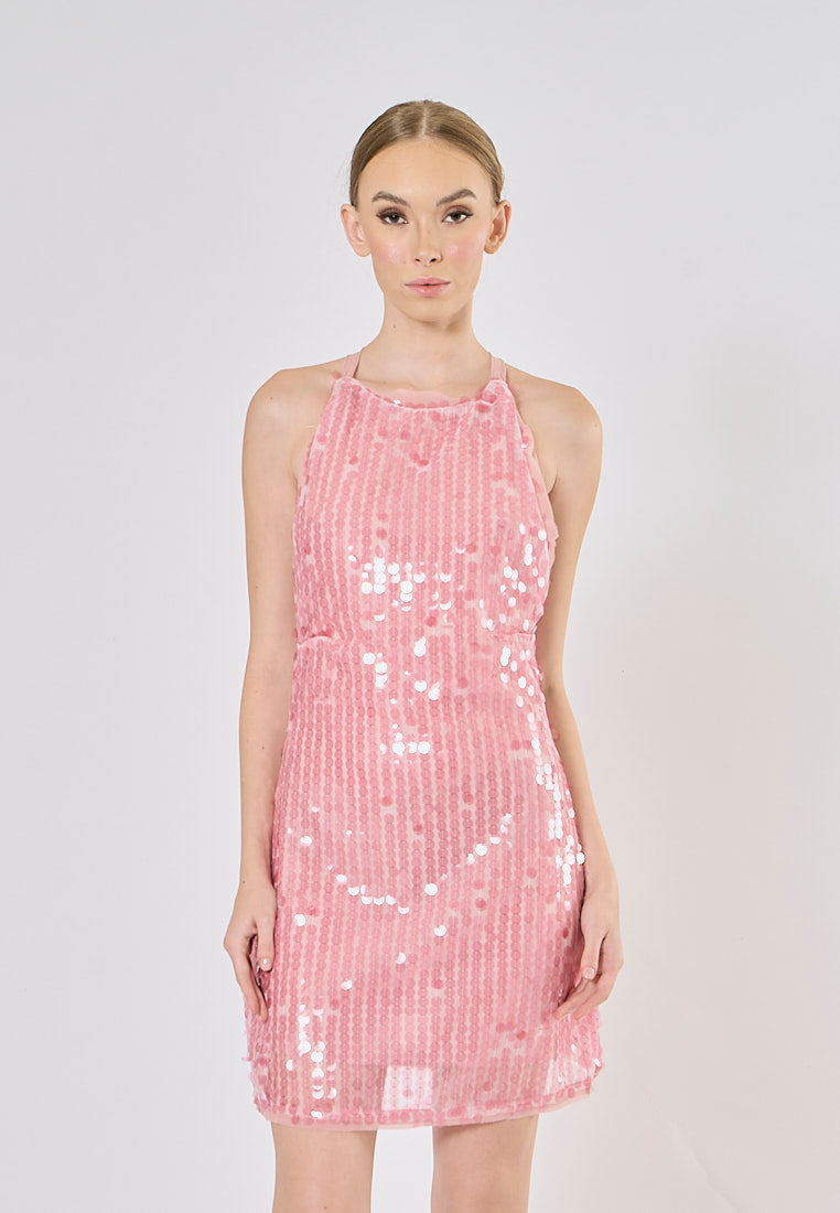 Amaris Pink halter Back Hollow Out Sequined Mini Dress