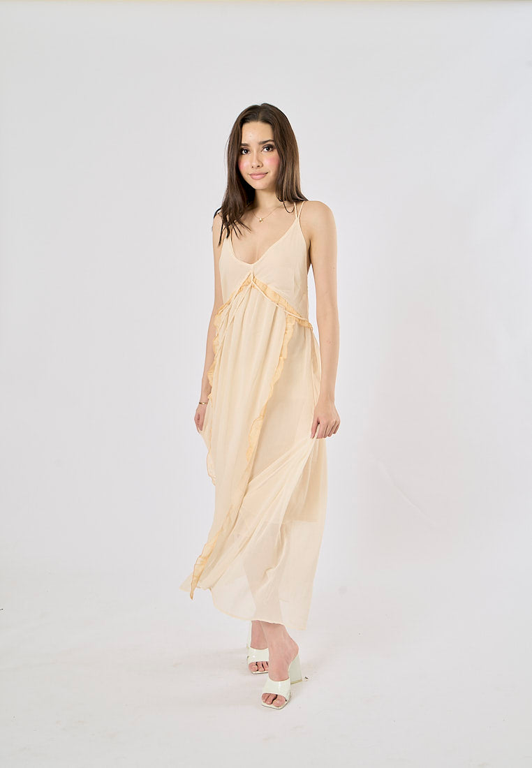 Zeya Beige Halter Sling Contrast Back Hollow Out Midi Dress