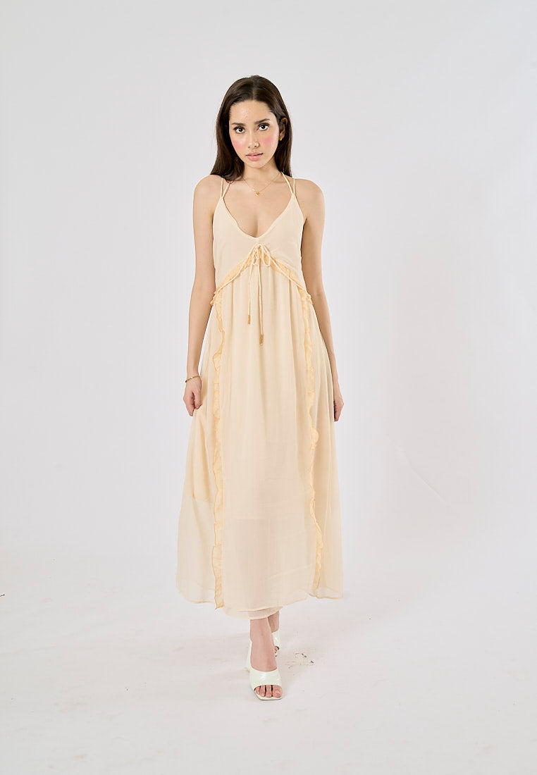 Zeya Beige Halter Sling Contrast Back Hollow Out Midi Dress