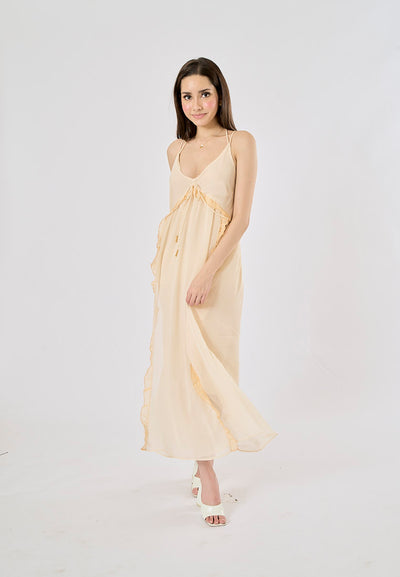 Zeya Beige Halter Sling Contrast Back Hollow Out Midi Dress