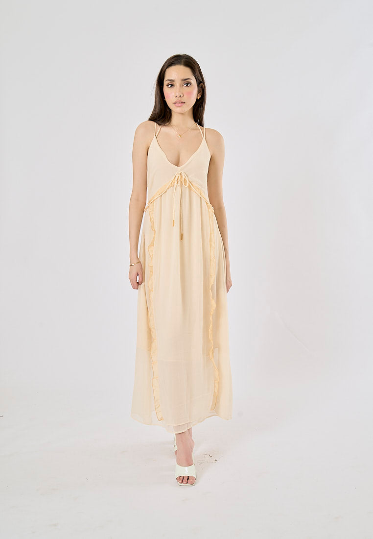 Zeya Beige Halter Sling Contrast Back Hollow Out Midi Dress