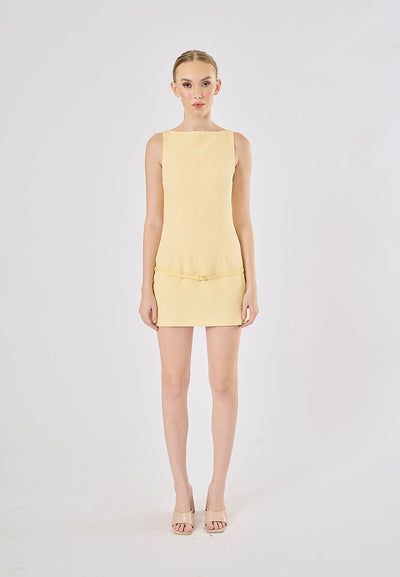 Winona Pastel Yellow Boat Neck Belted Sleveless Mini Dress