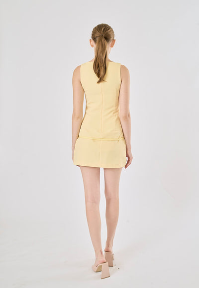 Winona Pastel Yellow Boat Neck Belted Sleveless Mini Dress