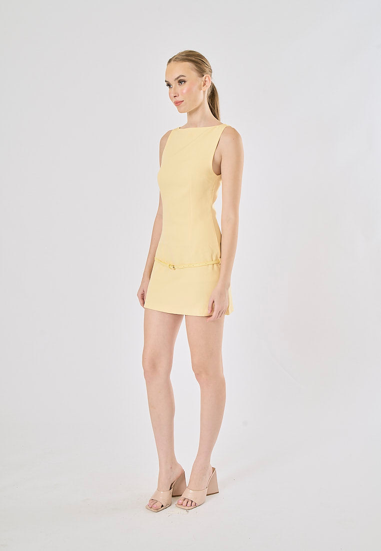 Winona Pastel Yellow Boat Neck Belted Sleveless Mini Dress