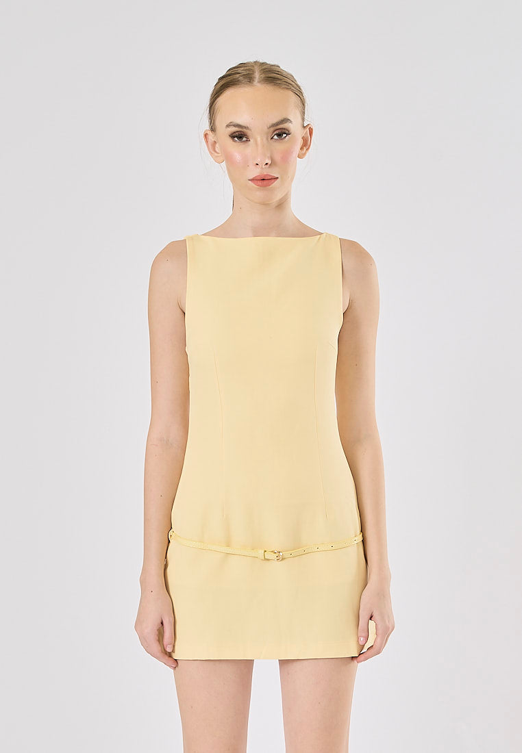 Winona Pastel Yellow Boat Neck Belted Sleveless Mini Dress