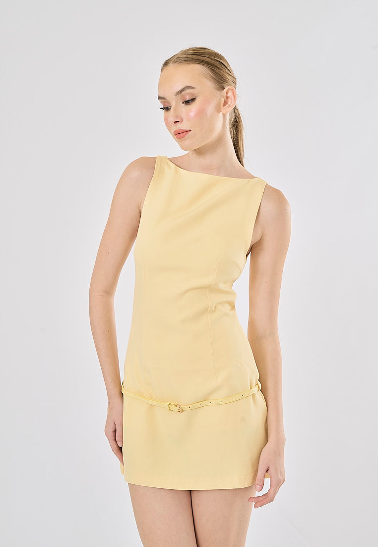 Winona Pastel Yellow Boat Neck Belted Sleveless Mini Dress