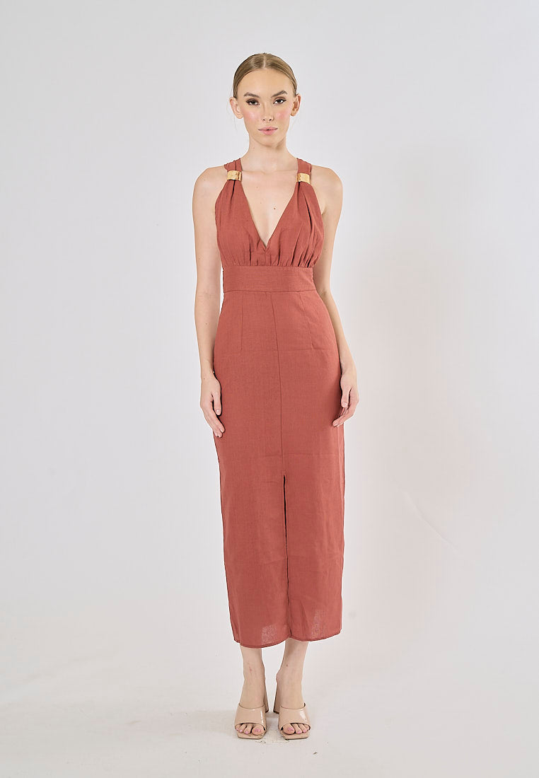 Daria Red Wood V-Neck Back Hollow Out Midi Dress