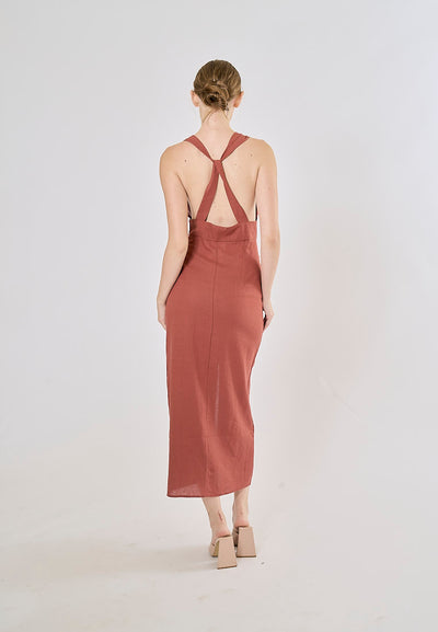 Daria Red Wood V-Neck Back Hollow Out Midi Dress