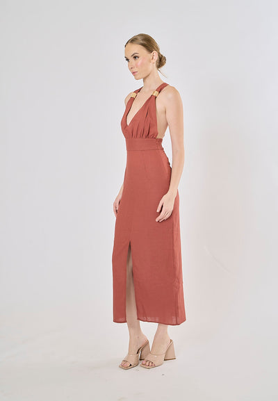 Daria Red Wood V-Neck Back Hollow Out Midi Dress