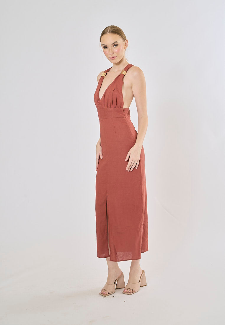 Daria Red Wood V-Neck Back Hollow Out Midi Dress