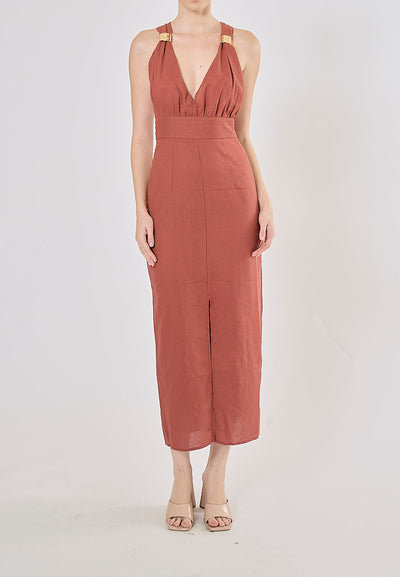 Daria Red Wood V-Neck Back Hollow Out Midi Dress