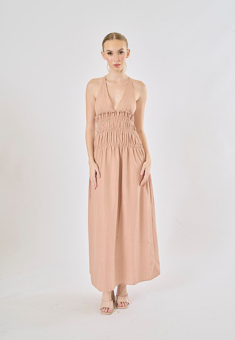 Verona Tea Rose V-Neck Back Hollow Out Elastic Waist Midi Dress