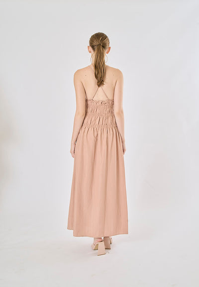 Verona Tea Rose V-Neck Back Hollow Out Elastic Waist Midi Dress