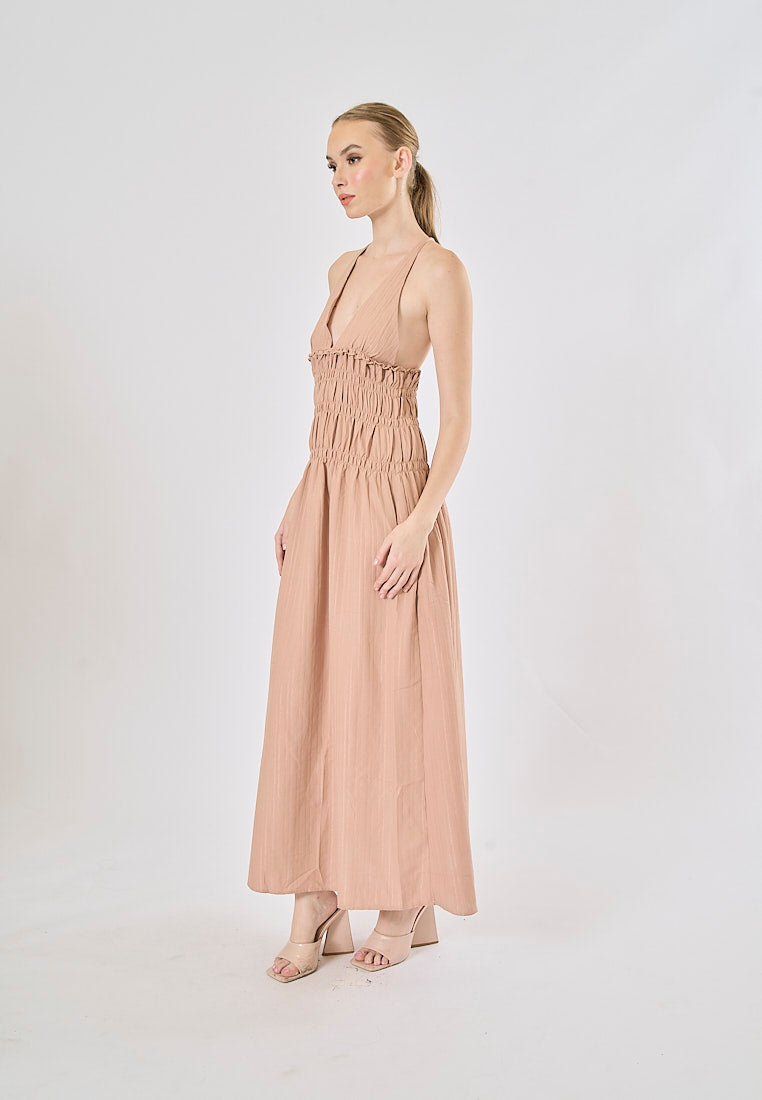 Verona Tea Rose V-Neck Back Hollow Out Elastic Waist Midi Dress