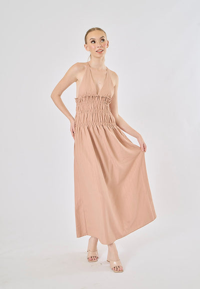 Verona Tea Rose V-Neck Back Hollow Out Elastic Waist Midi Dress