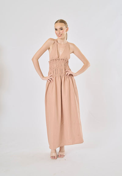 Verona Tea Rose V-Neck Back Hollow Out Elastic Waist Midi Dress